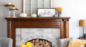 wood mantle fire place with decorations