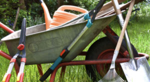 Yard tools in wheel barrel