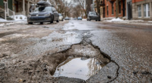 Pothole in middle of street filled with water