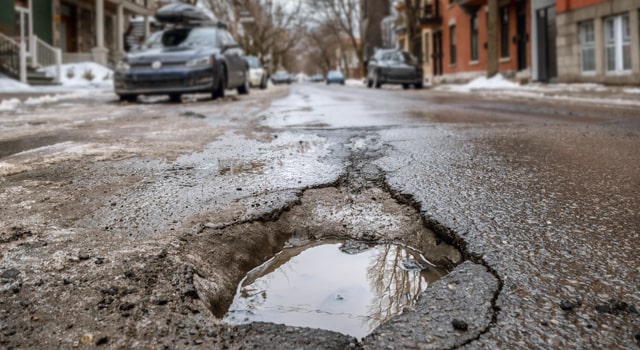 Close-up of pothole damage on the surface of a road
