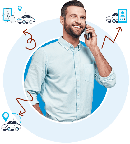 man on phone smiling with car icons around him