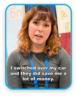 girl in early 30's talking at teachers convention
