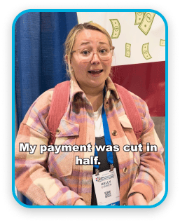 girl in late 20's talking at teachers convention