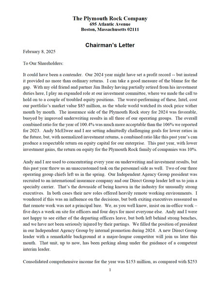 2024 Plymouth Rock Assurance Chairmans letter