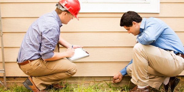 Insurance home inspector examining a foundation with a homeowner
