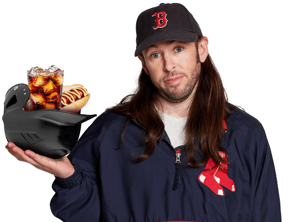 Boston Red Sox fan with food in baseball helmet