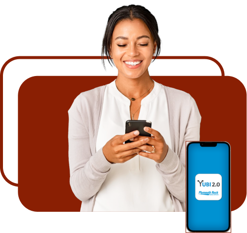 photo of a woman holding her phone looking at the YUBI app