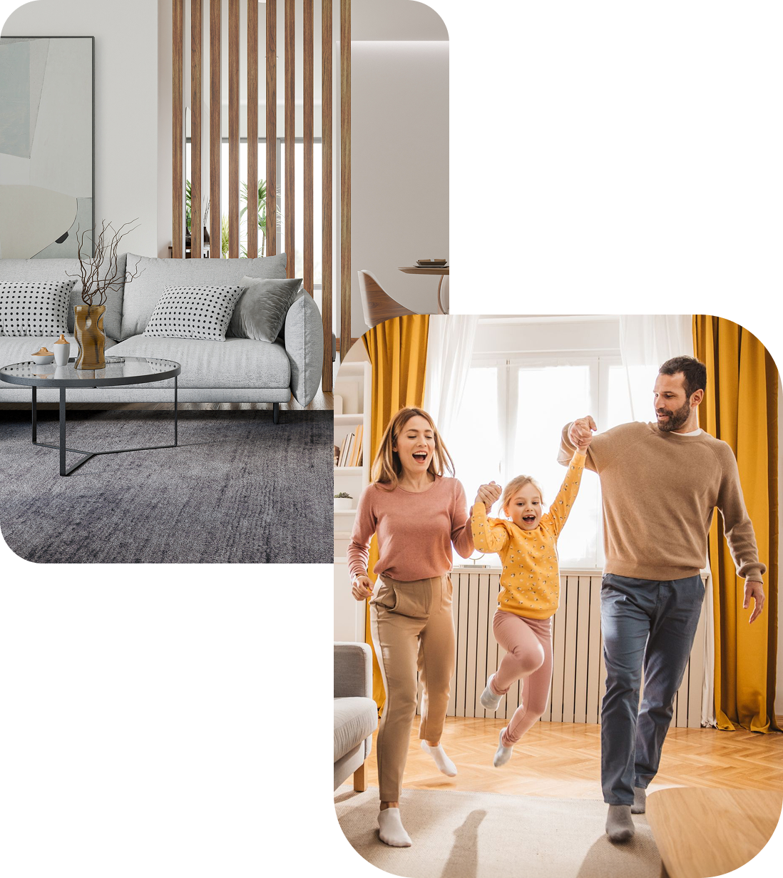 A two image stack with a living room and a happy family