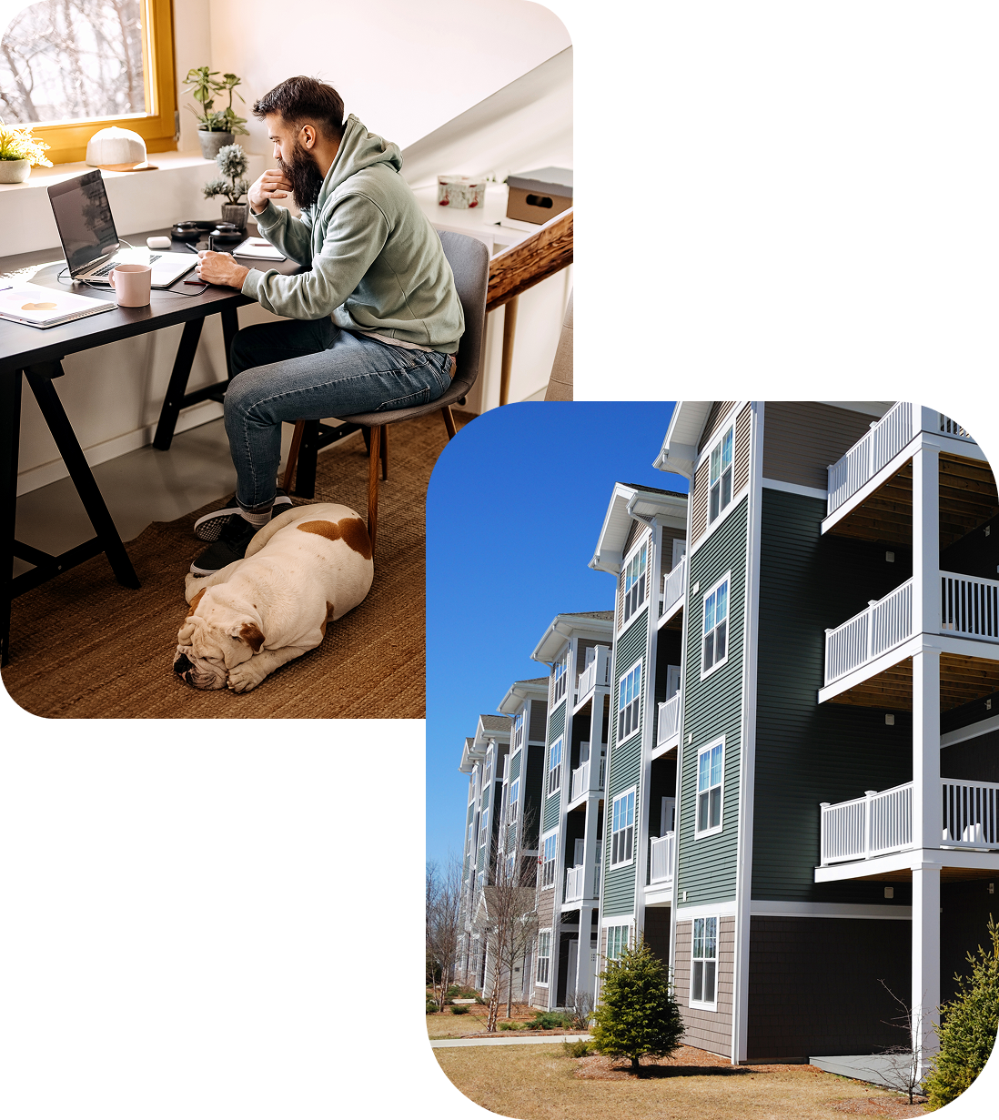 A two-image stack with a condo building and a man on his laptop with a dog sleeping at his feet