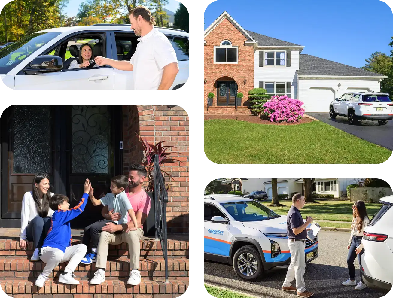 Four photos including people, houses, and cars